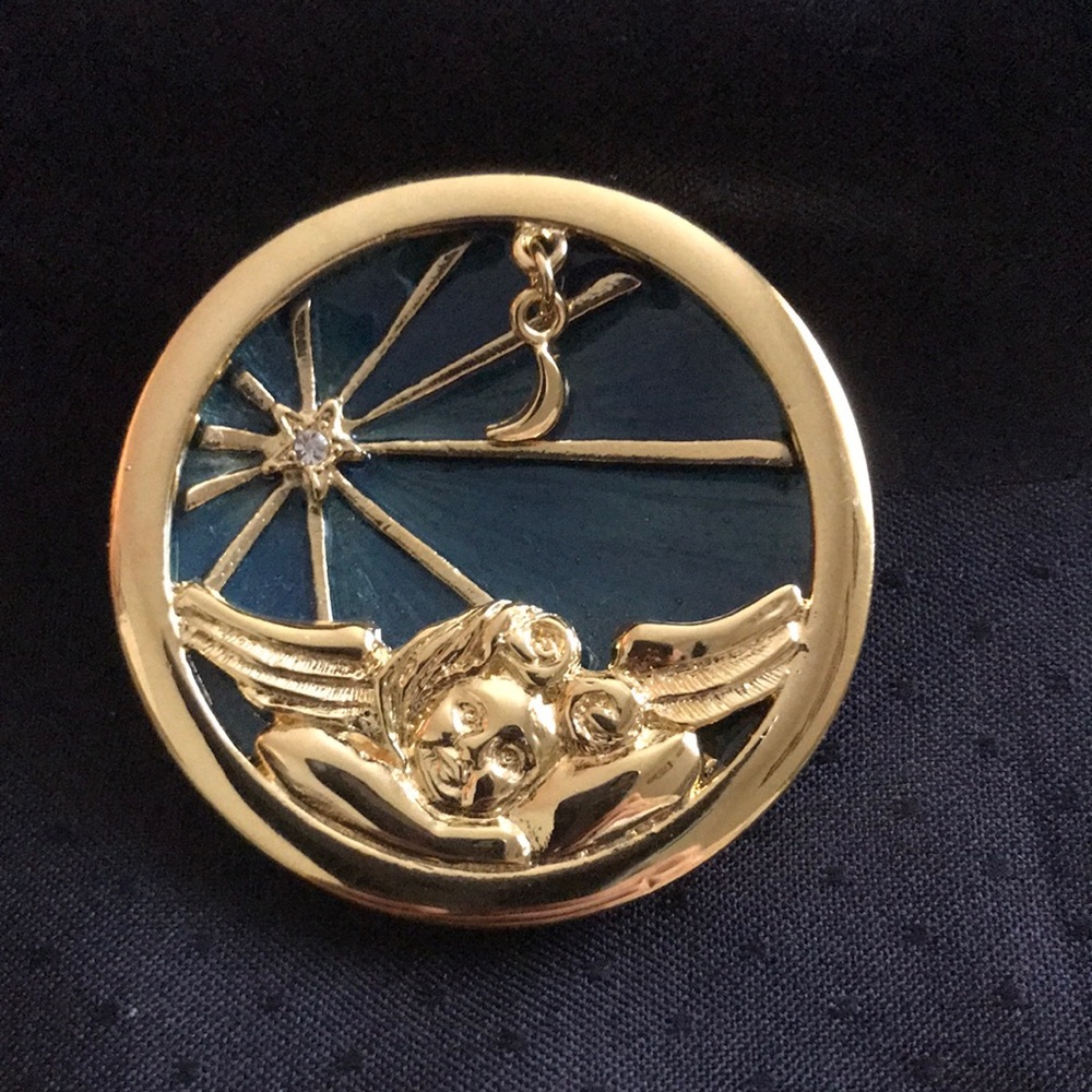 Gold tone Cherub Teal Enamel Star and SwingingMoon Brooch
